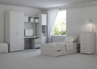 Cozy stylish bedroom designed for a teenager. Gray interior. 3D rendering.