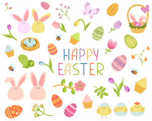 Big set of Easter design elements. Eggs, chickens, butterfly, rabbit, tulips, flowers, nest, basket.