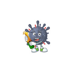 mascot cartoon design of coronavirus epidemic with bottle of beer