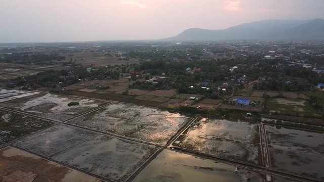 Drone Aerial View Of Salt Fields And Mangrove Forest In Kampot, Cambodia. 