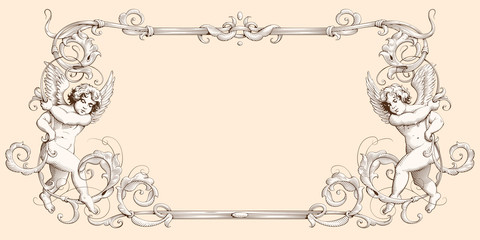 Elegant border frame with cupids for weddings, Valentine`s day and other holidays. Decorative element in the style of vintage engraving with Baroque ornament