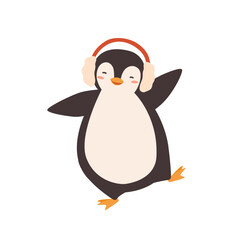 Funny dancing cartoon penguin in earmuffs vector flat illustration © Good Studio