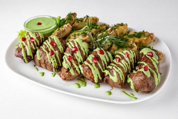 Beef meat rolls and pork chops. Banquet festive dishes. Gourmet restaurant menu. White background.