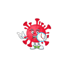 cartoon character style of cheerful coronavirus amoeba with clock