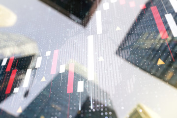 Double exposure of abstract financial graph with world map on office buildings background, forex and investment concept
