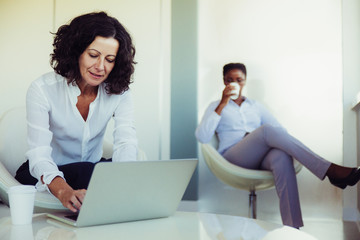 Obraz premium Excited business lady working in office lobby during coffee break. Business woman sitting in armchair and using laptop. Wireless technology concept