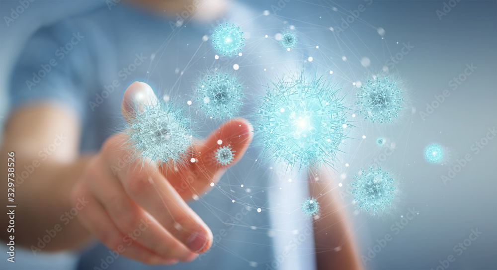Poster Man analyzing bacteria with digital holographic projection close-up 3D rendering