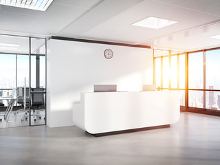 Blank white reception desk in concrete office with large windows Mockup 3D rendering