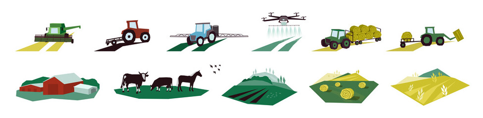 Fototapeta Set of agriculture objects. Icons with irrigation tractor, farm animals, combine harvester, drone. Vector illustrations of machinery, farming, livestock with cow, hayfield, cultivated and plowed land. obraz