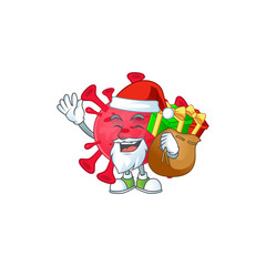 Coronavirus amoeba Cartoon character of Santa with box of gift