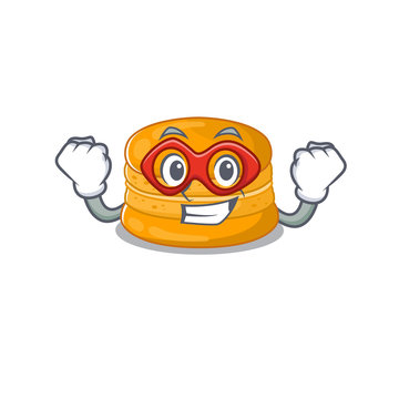 A picture of orange macaron in a Super hero cartoon character