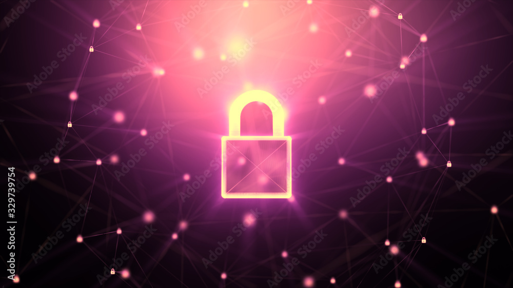 Poster 3d padlock with connection line, with lighting shallow depth of field and glitter effect, against 0 