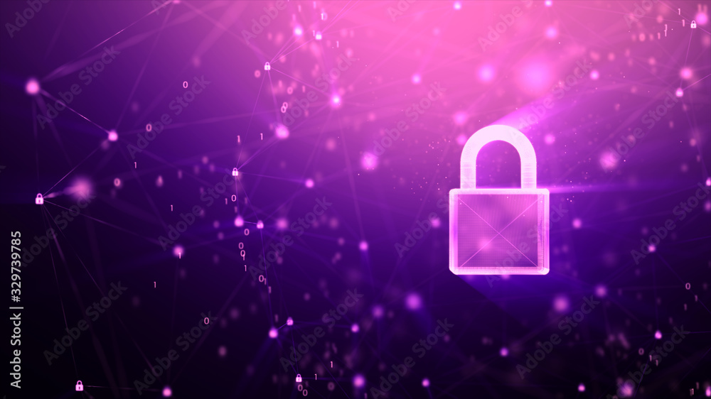 Poster 3d padlock with connection line, with lighting shallow depth of field and glitter effect, against 0 