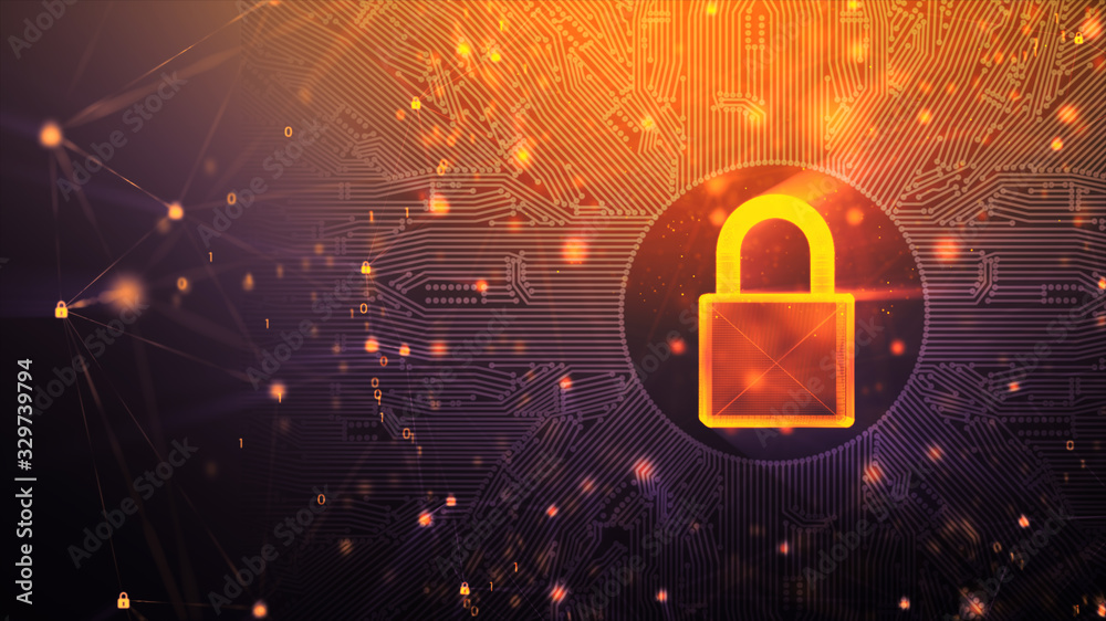 Poster 3d padlock with connection line, with lighting shallow depth of field and glitter effect, against 0 