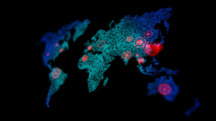 3D dot world map with red circle aim target on the map, for futuristic concept, with shallow depth of field effect