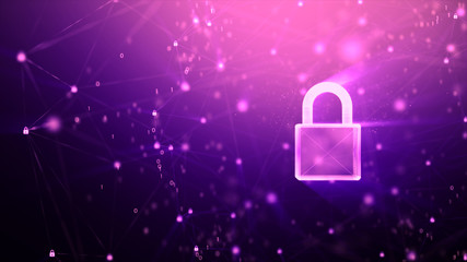 3D Padlock with connection line, with lighting shallow depth of field and glitter effect, against 0 1 binary digital number abstract background