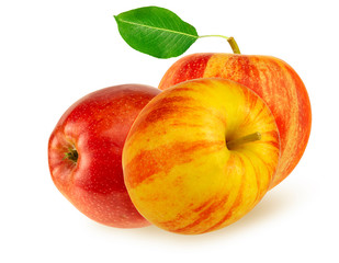 Red apple with apple leaf and slice on a white background.