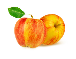 Red apple with apple leaf and slice on a white background.