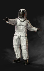 Naklejka premium 3d illustration concept. Man in virus protective biohazard suit and mask stopping coronavirus spread. Pathogen novel flu coronavirus COVID-19 global pandemic outbreak crisis with clipping path.