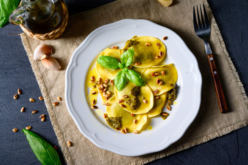 Vegetariano italiano! Tortelli with roasted pine nuts and pesto basilico