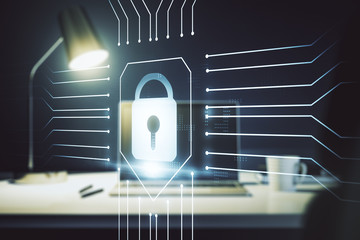 Creative lock sketch with chip hologram on modern laptop background, protection of personal data concept. Multiexposure