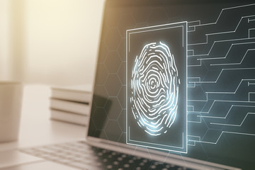 Double exposure of abstract creative fingerprint hologram on computer background, protection of personal information concept