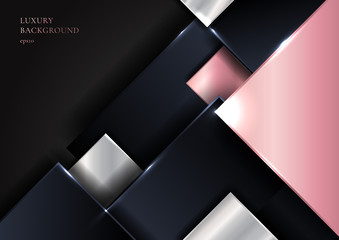 Abstract geometric square shape shiny pink gold, silver, dark blue color overlapping with shadow on black background.