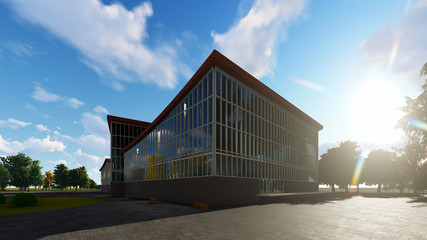 3D project of multistorey business center. Summer day.