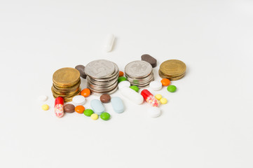 Obraz na płótnie Canvas coins and medicines, the concept of the cost of treatment