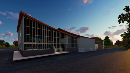 3D project of multistorey business center. Summer evening.