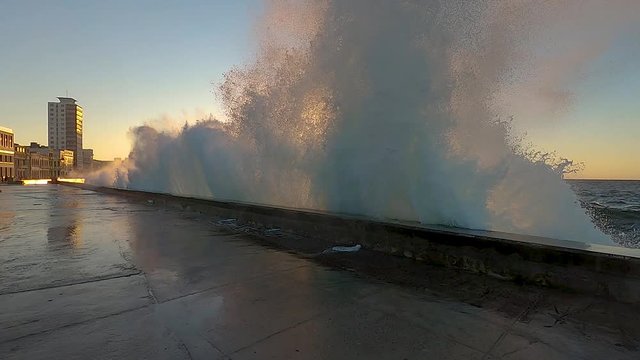 Waves crashing in Havana, Cuba in slow motion