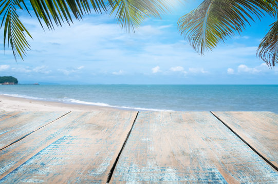 Wooden floors and ocean backdrop Suitable for a beach use. The beauty of nature	