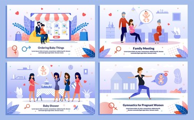 Active Pregnancy, Pregnant Woman Family Support, Baby Shower, Trendy Flat Vector Banner, Poster Set. Lady Buying Goods Online, Meets with Relatives, Having Fun on Party, Doing Exercises Illustration