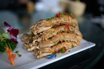 Local Chinese sea food cuisine, A plate of fried mantis shrimp