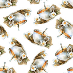 Watercolor seamless pattern. Cup of tea with chamomile
