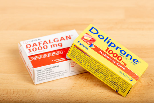 Paris, France - January 2020 : Boxes of Doliprane and Dafalgan, a paracetamol-based analgesic commonly used for pain and headaches.