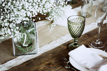 Wedding decoration. Wedding table setting. Country style wedding.