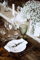 Wedding decoration. Wedding table setting. Country style wedding.