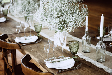 Wedding decoration. Wedding table setting. Country style wedding.