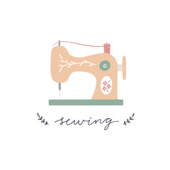 Sewing machine vector illustration and lettering on white background. Vintage object for tailors and craft lovers