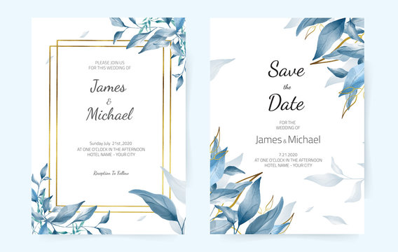 Wedding invitation card, blue leaves, golden frame, watercolor, template