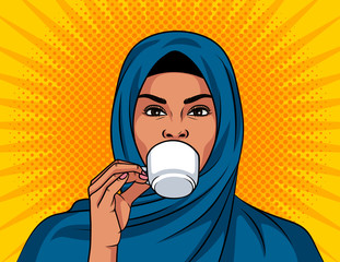 Color vector illustration in pop art style. Beautiful muslim woman in a traditional shawl on her head is drinking a coffee. Arabian woman hold cup of coffee in her hand