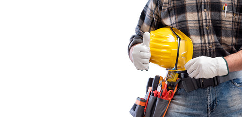 Fototapeta na wymiar Electrician makes OK sign with thumb up, he wears protective gloves. Construction industry, electrical system. Isolated on a white background.