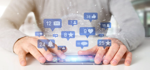 Businessman holding Social network notifications - 3d rendering
