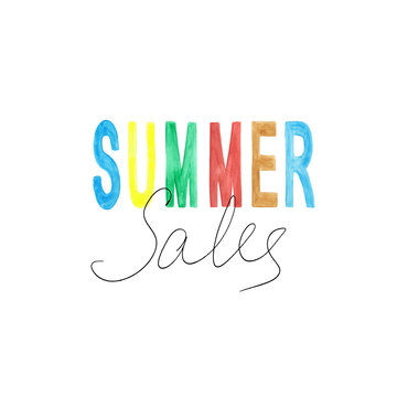 Watercolor sign summer sales isolated. Hand drawn lettering on white background. Blue, yellow, green, red and brawn word summer and word sales with black letters for your design.
