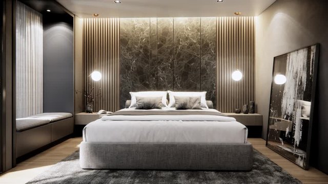 interior of luxury bedroom with furniture , rotating shot, video ultra HD 4K 3840x2160, 3D animation