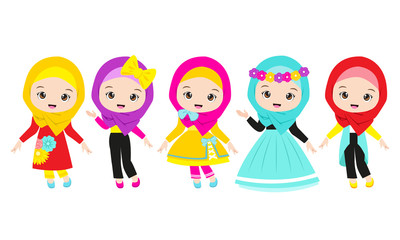 Set of Muslim Girls Cartoon Character with 5 costume