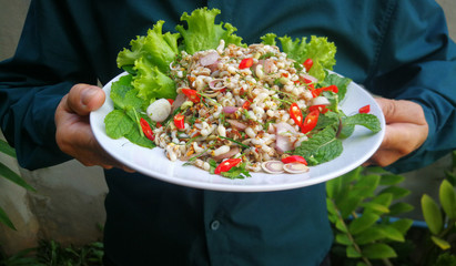 Spicy  Raw  ant  eggs  salad  photo.Good  material  with  protien  nutrients.