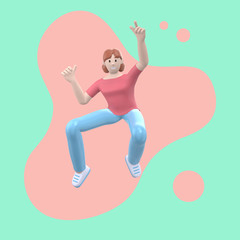 Fototapeta na wymiar Positive character in colored clothes on an abstract stain background. A young cheerful girl runs, dances, jumps, levitates and flies. Funny cartoon people. 3D rendering.