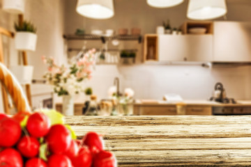 Desk of free space and kitchen interior 